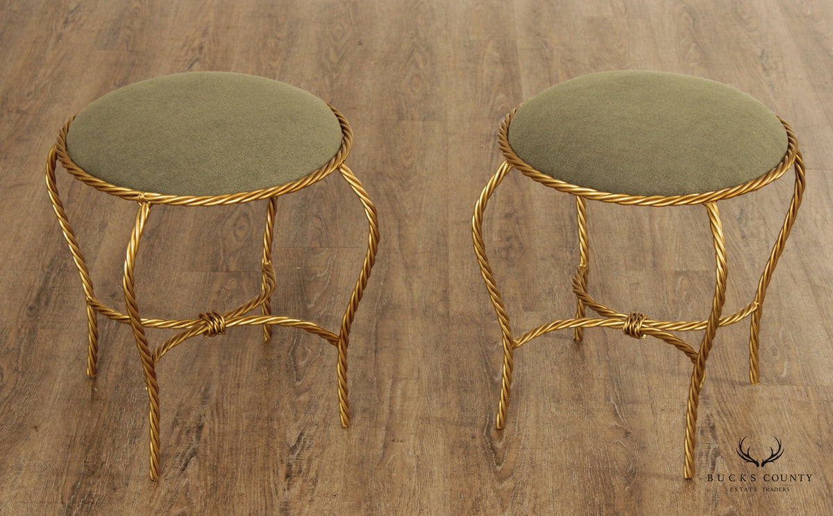 Italian Hollywood Regency Pair Gilt Rope Twist Stools