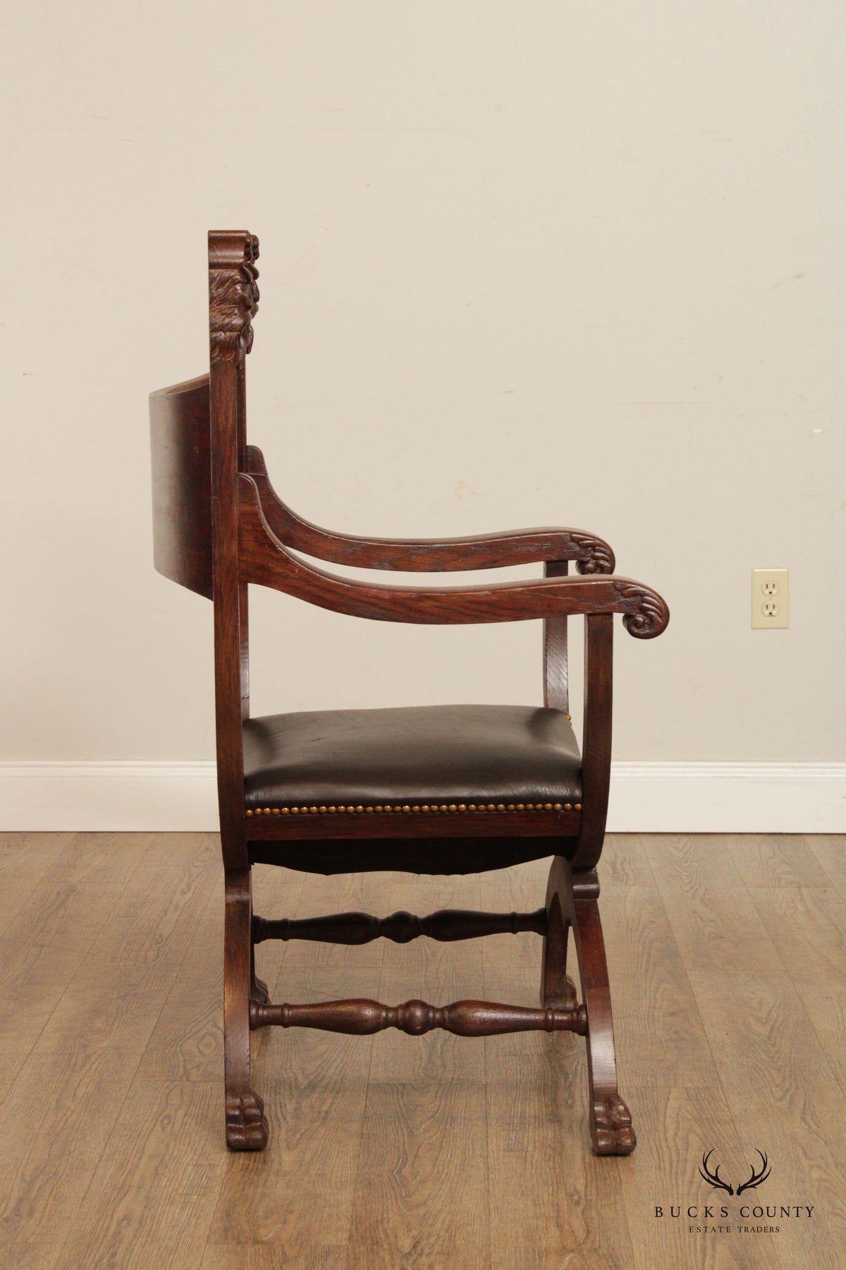 Antique Renaissance Revival Oak Carved Savonarola Armchair