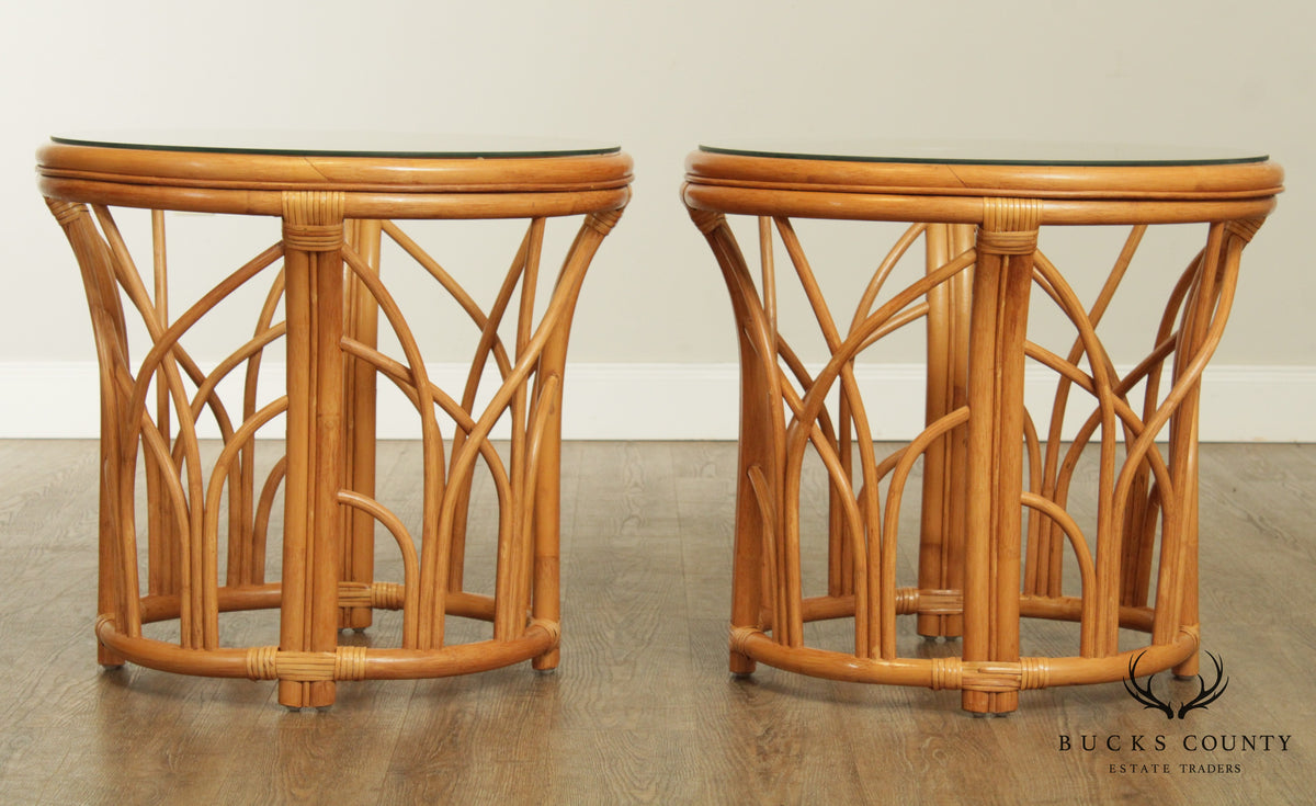 Quality Vintage Pair Rattan Round Glass Top Side Tables