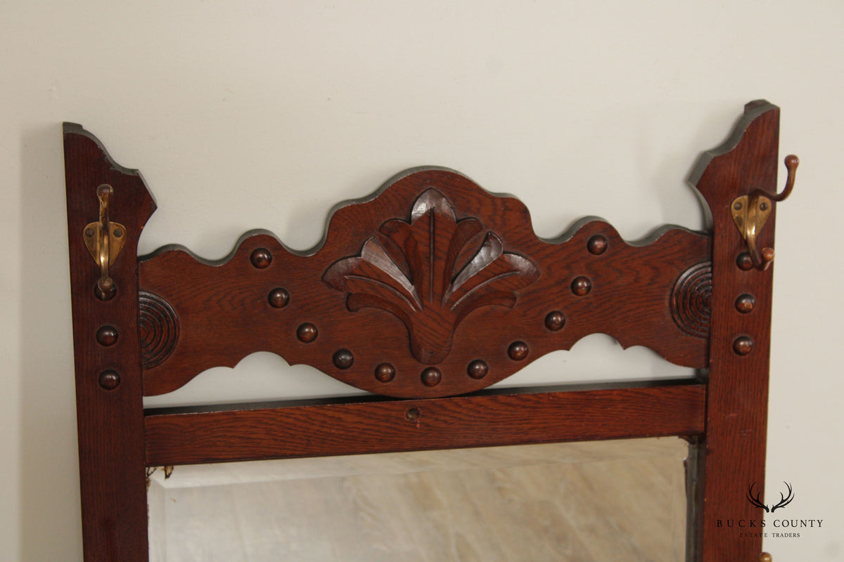 Antique Victorian Oak Hat Rack Wall Mirror