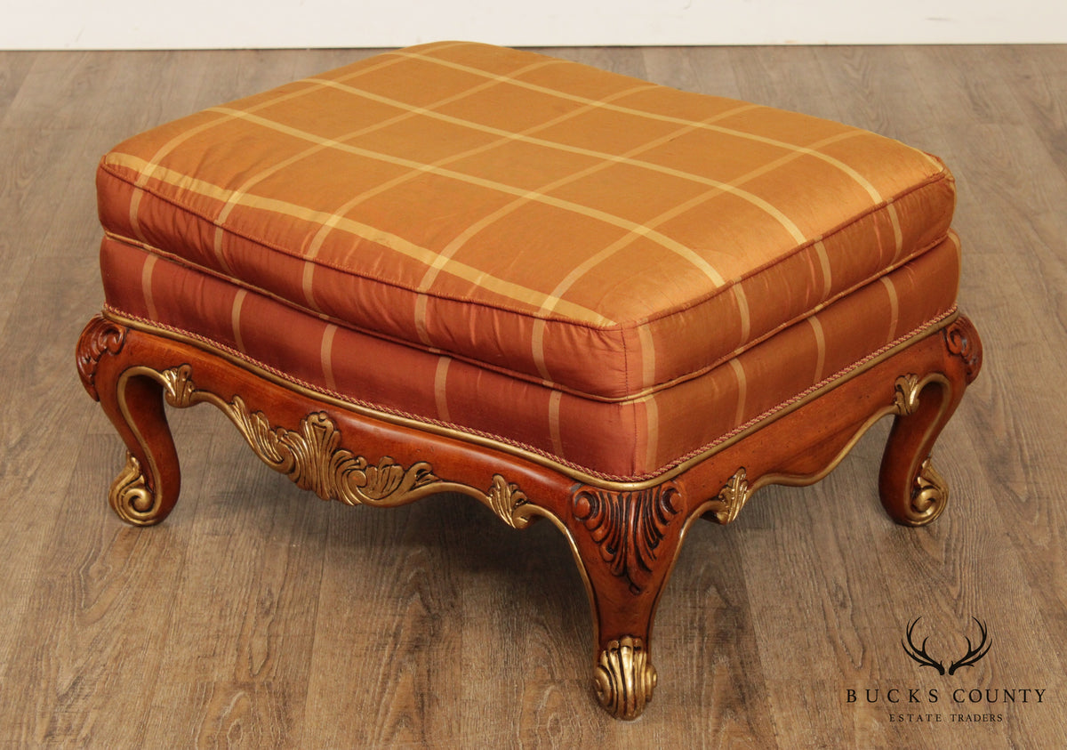 Henredon French Louis XV Style Carved Pair Partial Gilt Ottomans