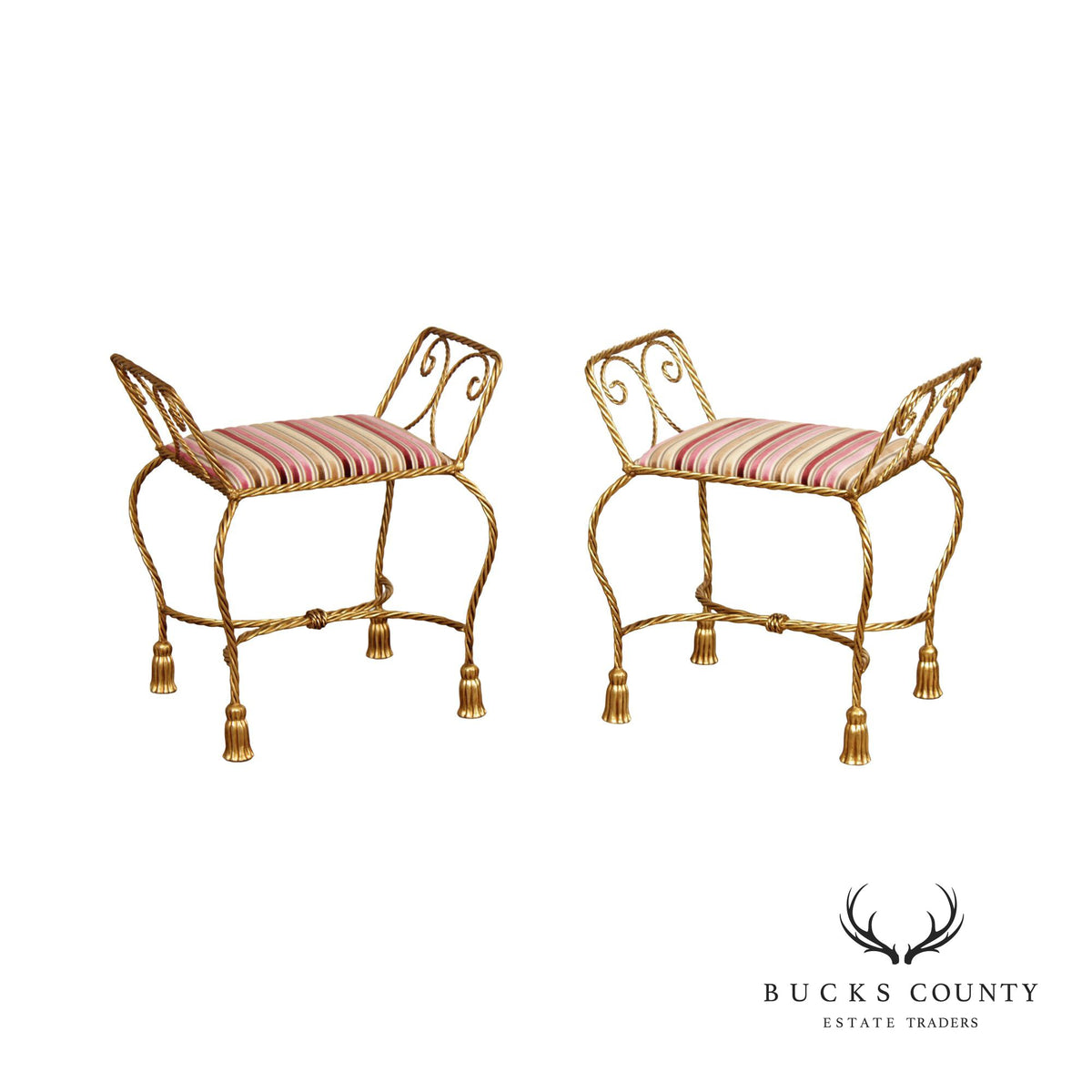 Italian Hollywood Regency Pair of Gilt Metal Rope Twist Benches