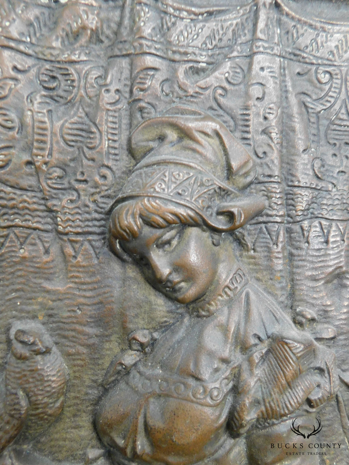 Antique Cast Iron European Relief Wall Plaque of Woman with Dog and Bird