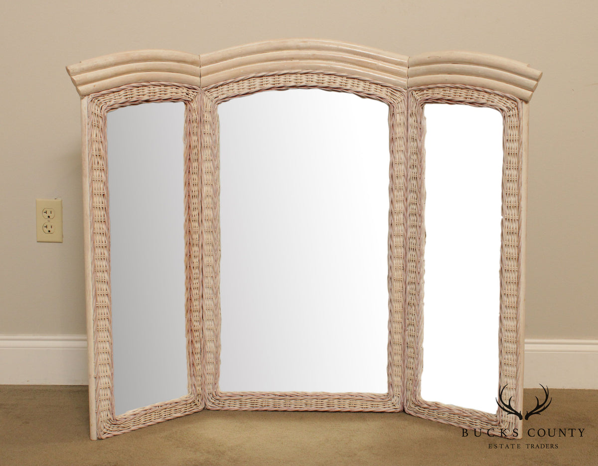 Vintage Painted Wicker Trifold Mirror