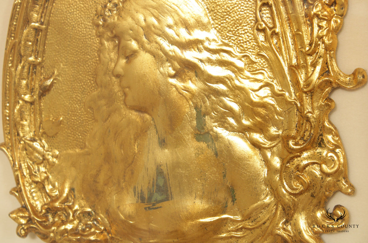 Art Nouveau Style Figural Gilt Cast Plaque, Custom Framed