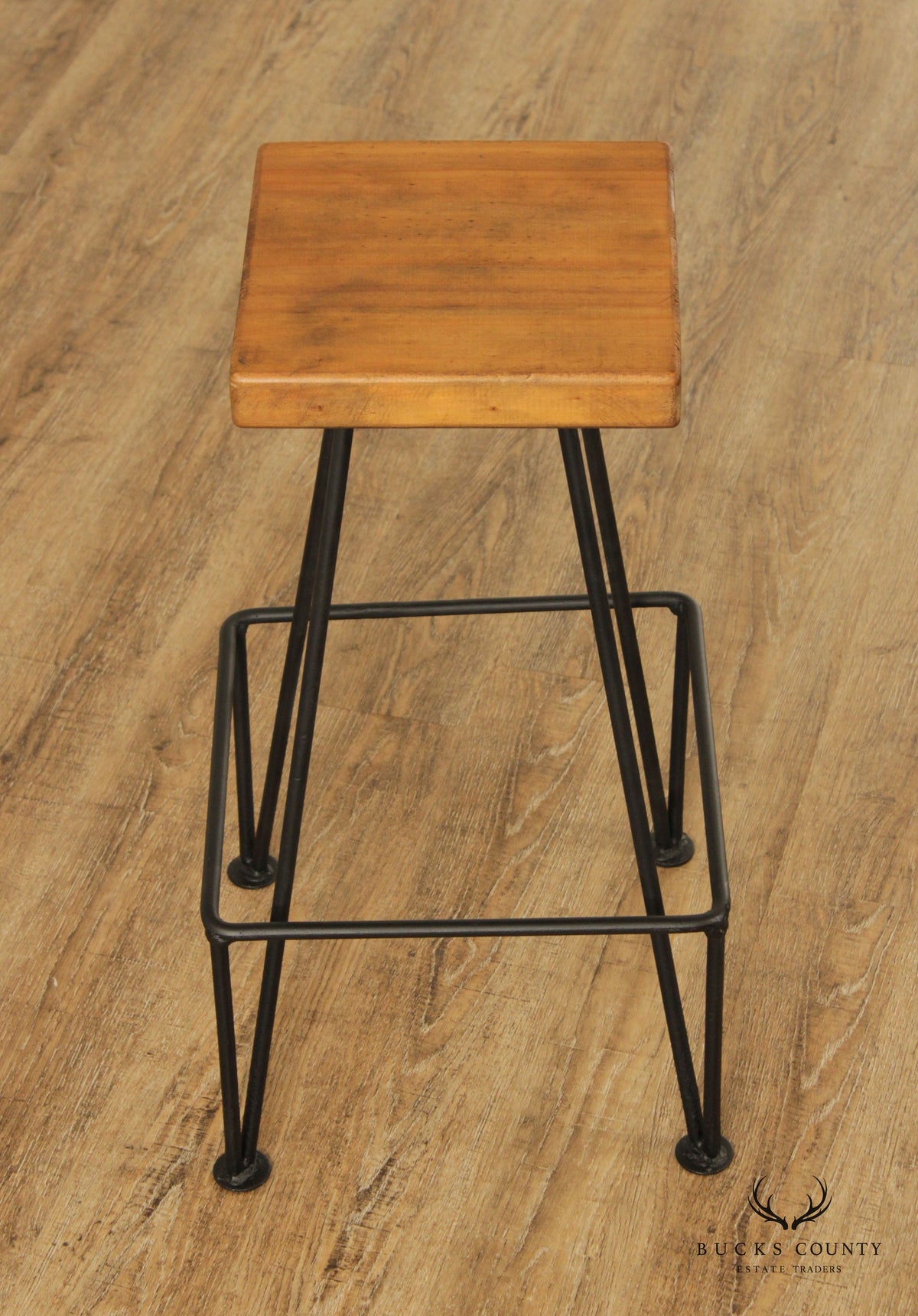 Industrial Midcentury Modern Style Wrought Iron & Wood Drafting or Bar Stool