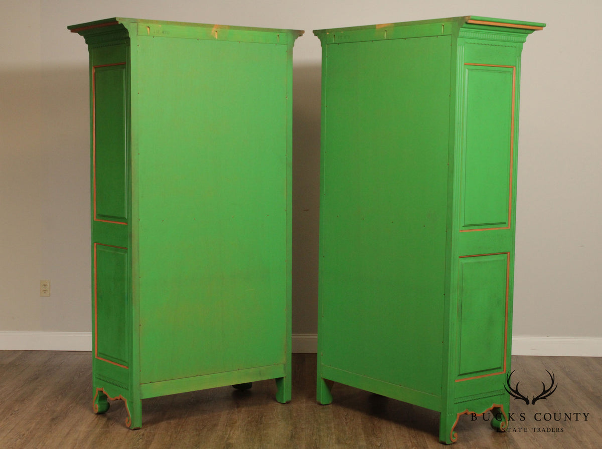 French Louis XV Style Custom Green Painted Pair Large Armoires