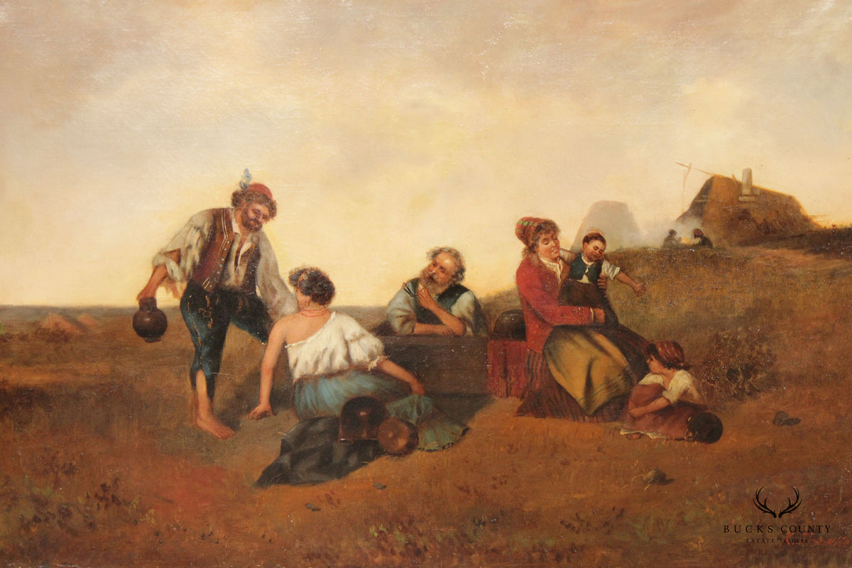 Antique 19th C. Hungarian Countryside Festive Scene Oil on Canvas, After Ferencz Szabo
