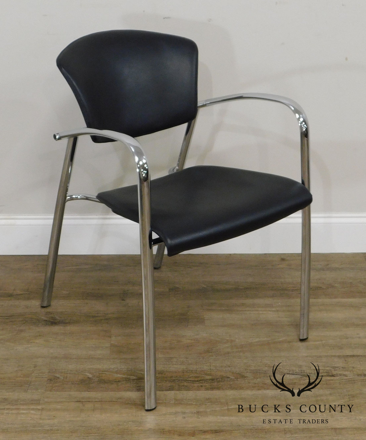 Brayton International Collection Steelcase Pair Chrome & Black Leatherette Armchairs