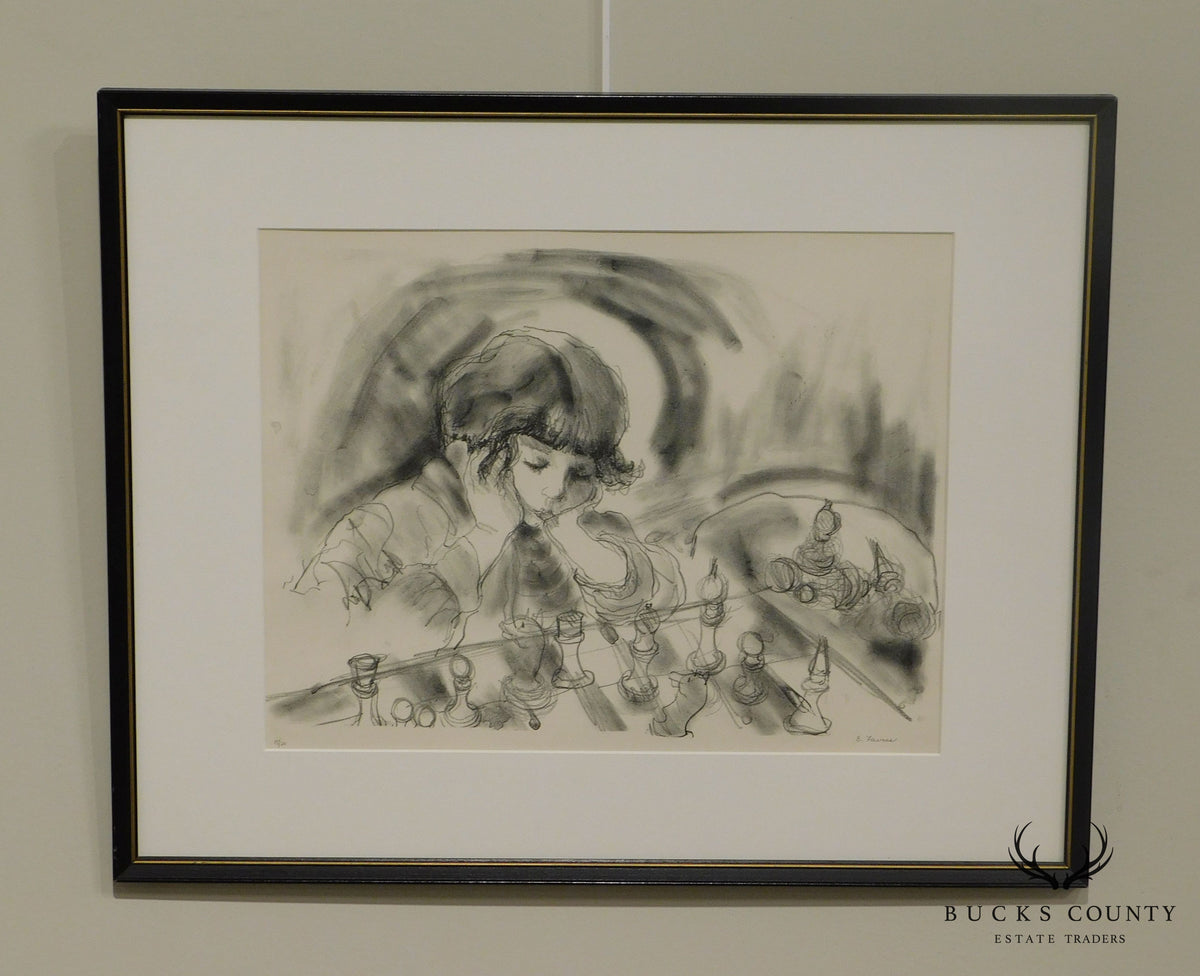 Evelyn Favus Lithograph, Child Playing Chess Signed & Numbered in Pencil 15/20