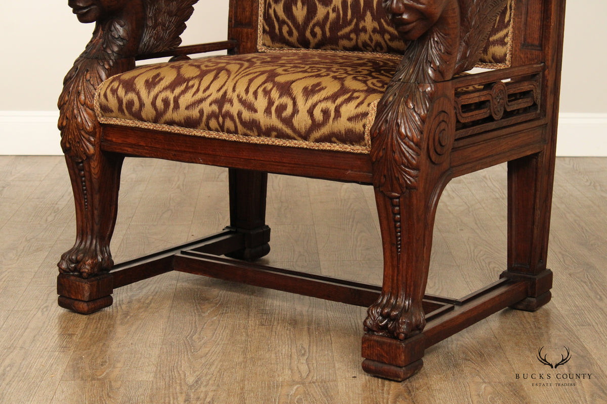 Antique Italian Renaissance Style Pair of Carved Oak Armchairs
