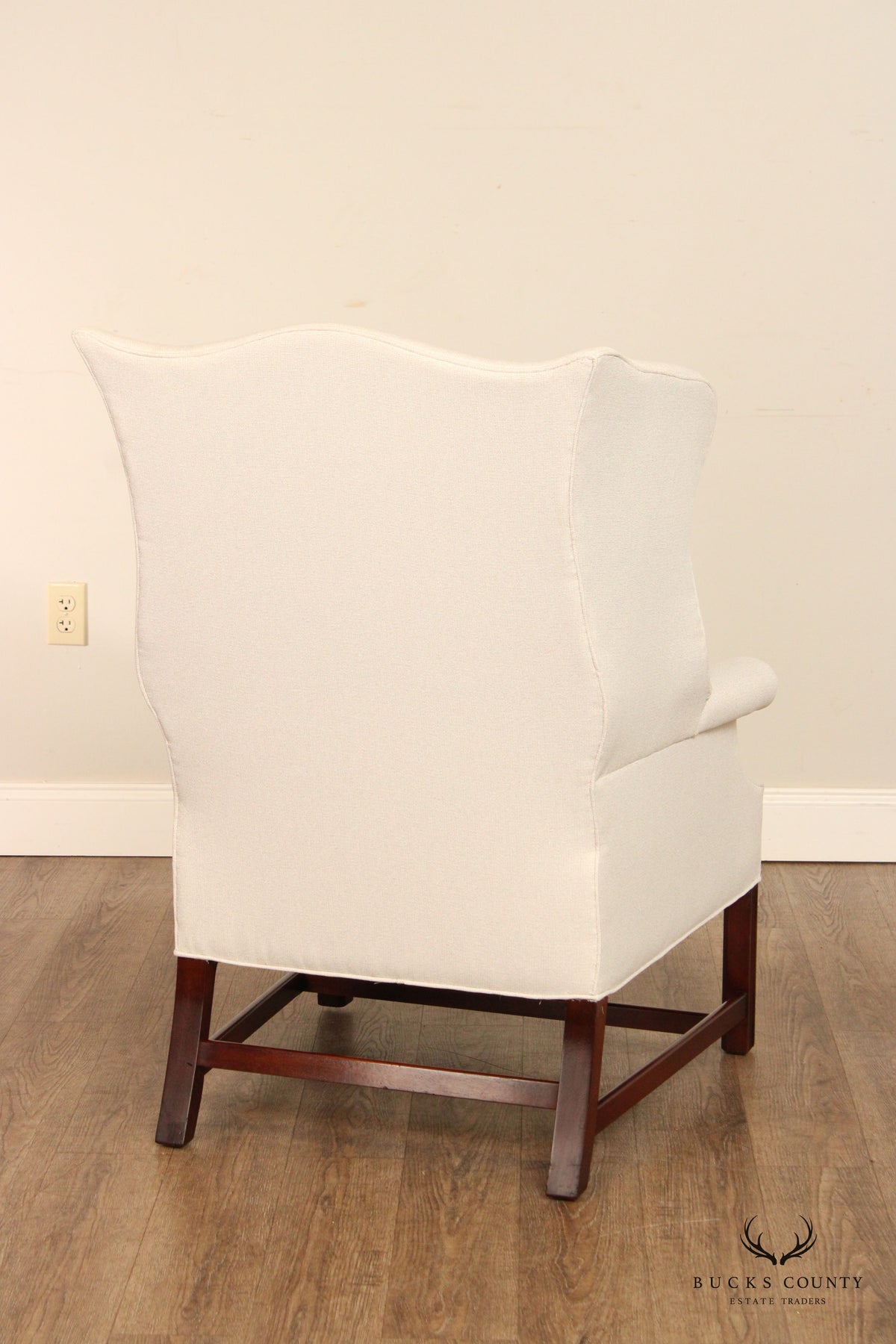 Saybolt Cleland Chippendale Style Pair Custom Upholstered Mahogany Wingback Chairs