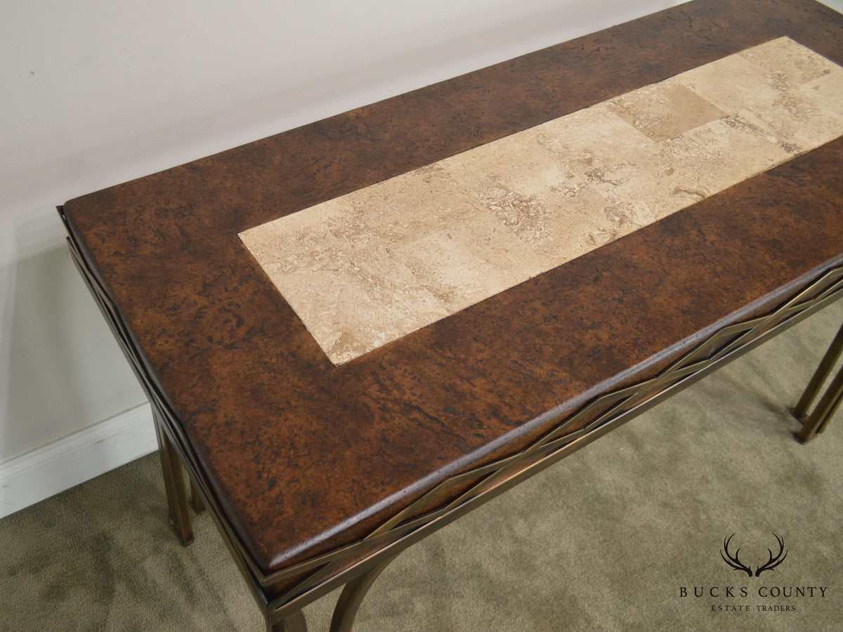 Iron Console Table with Cork and Tessellated Travertine Top