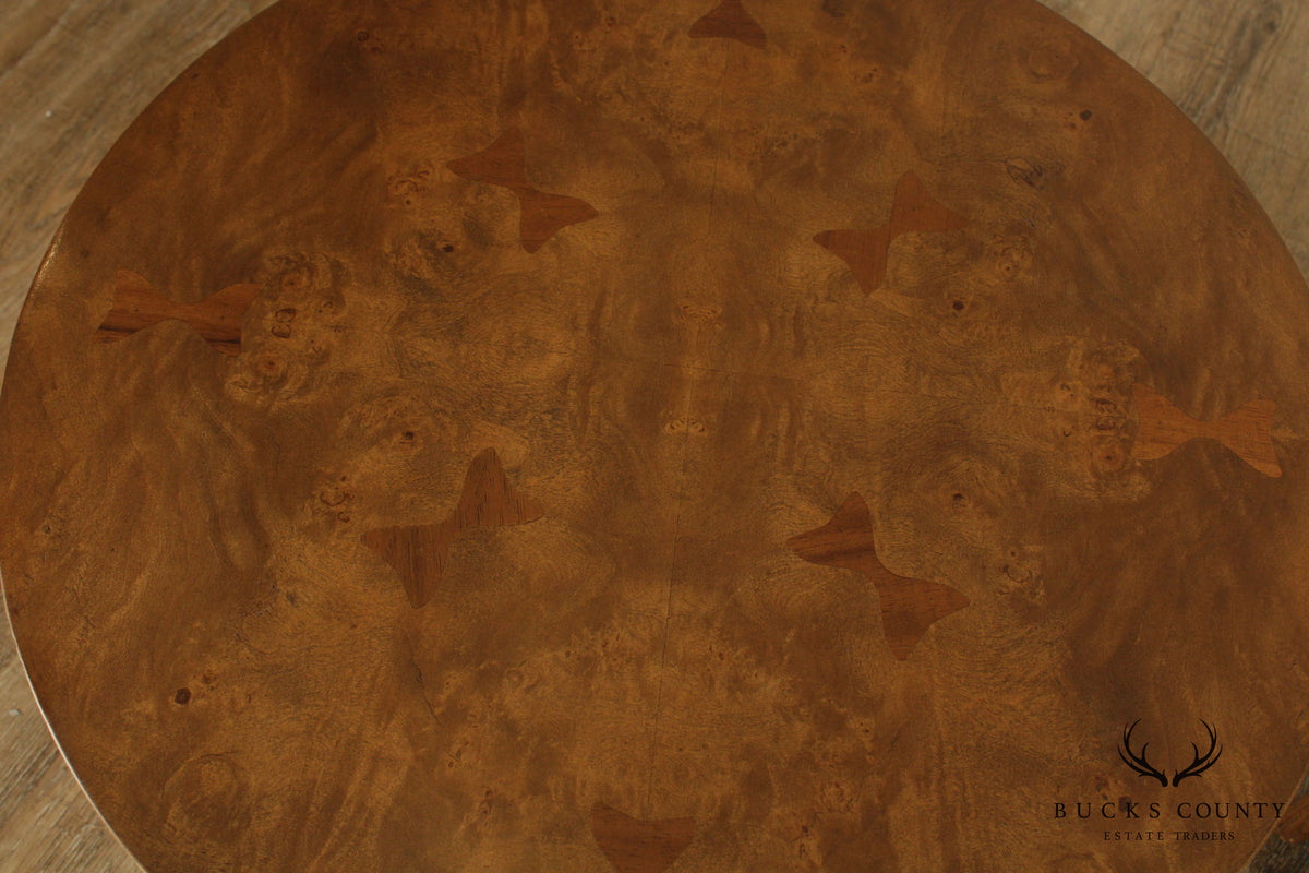 Mid Century Modern Pair Round Burl Wood and Brass Bow Tie Inlaid Side Tables