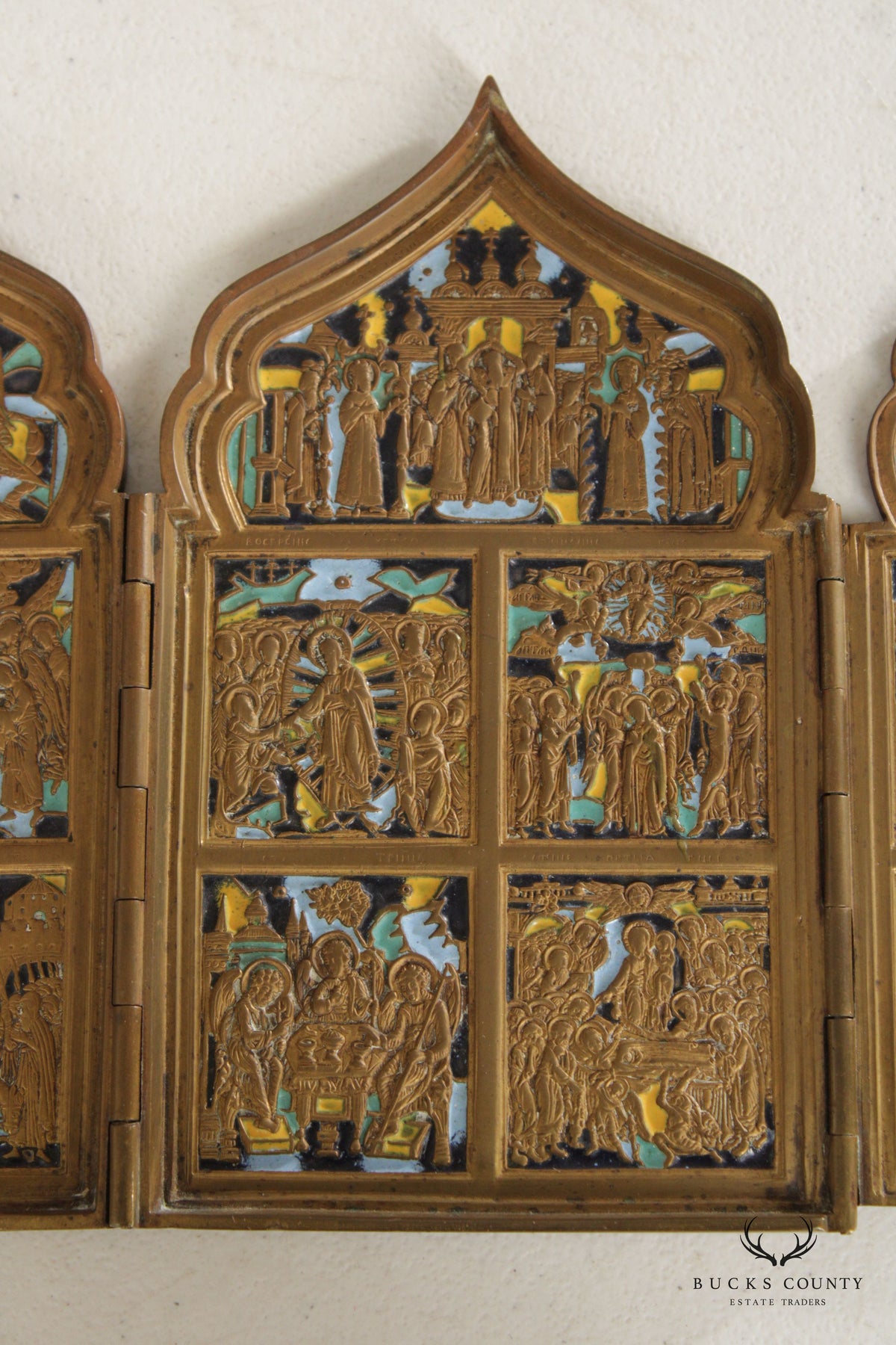 ANTIQUE RUSSIAN POLYPTYCH WITH ENAMEL TRAVEL ICON