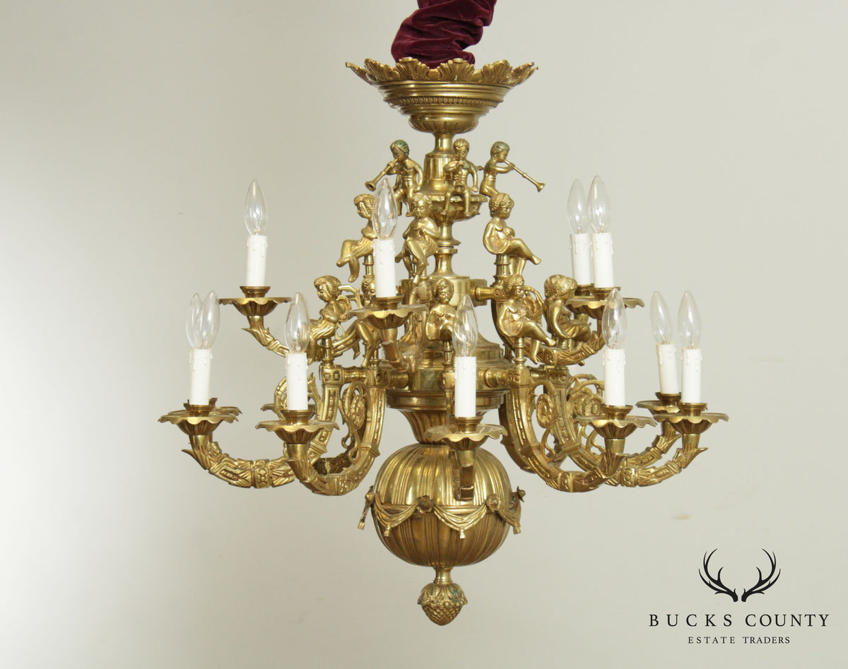 Vintage Rococo Style Heavy Brass Figural Putti Chandelier