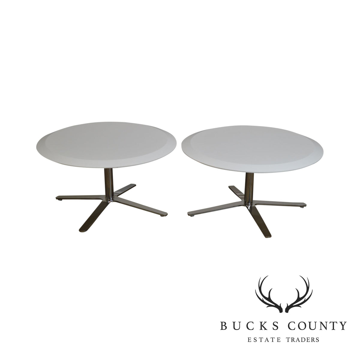 Cumberland Mid-Century Modern Style pair Chrome Pedestal Base Round White Tables