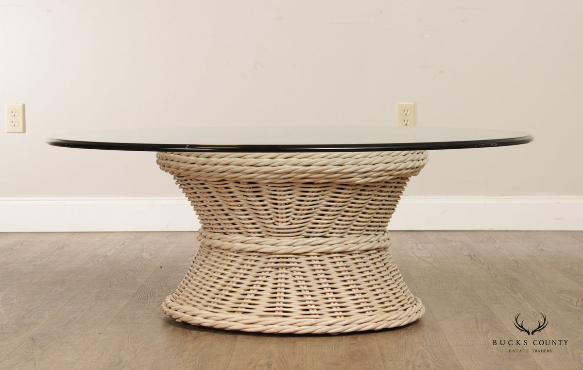 Vintage Round Wicker Rattan Glass Top Coffee Table