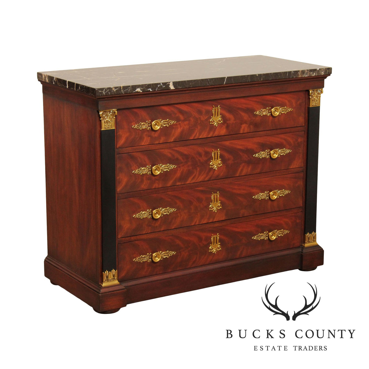 Henkel Harris Empire Style Mahogany Marble Top Chest of Drawers