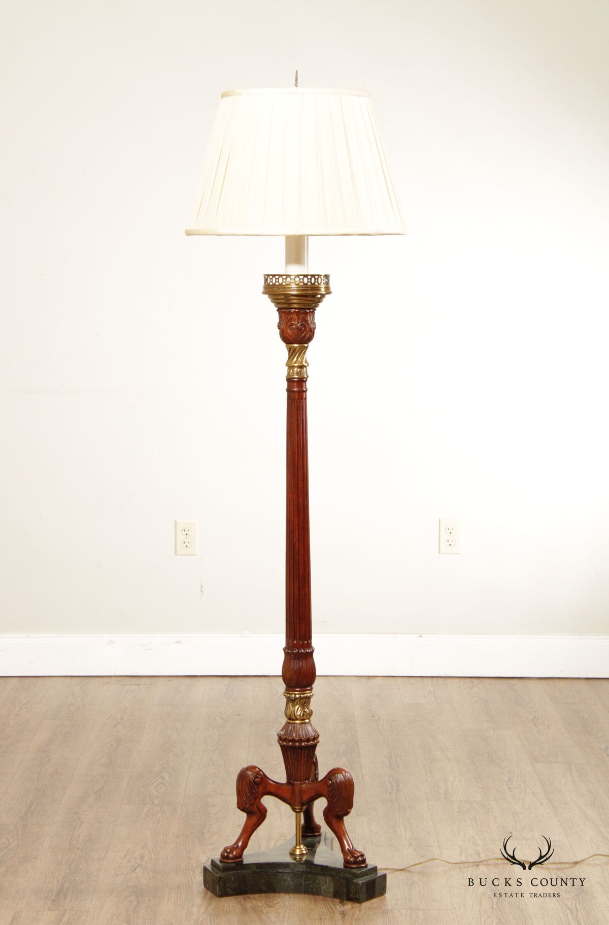 Maitland Smith Empire Style Mahogany Brass Floor Lamp with Shade