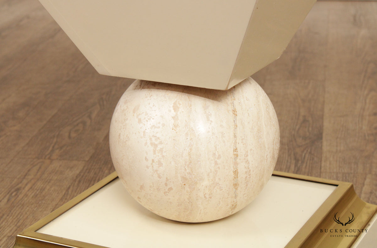 Post Modern Lacquered Pedestal Stand With Travertine Sphere