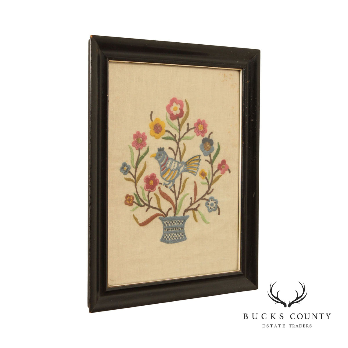 Vintage Crewel Embroidered Linen Textile, Custom Framed