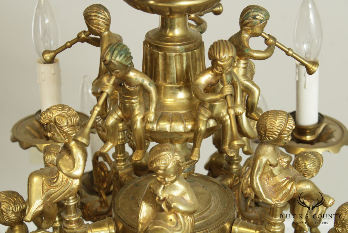 Vintage Rococo Style Heavy Brass Figural Putti Chandelier