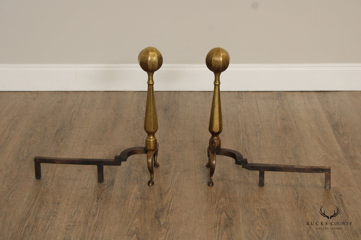 FEDERAL STYLE VINTAGE PAIR OF BRASS ANDIRONS
