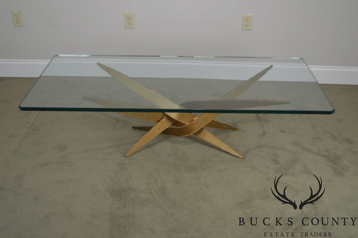 Brutalist Mid Century Modern Torch Cut Steel Sculptural Coffee Table w/ Glass Top