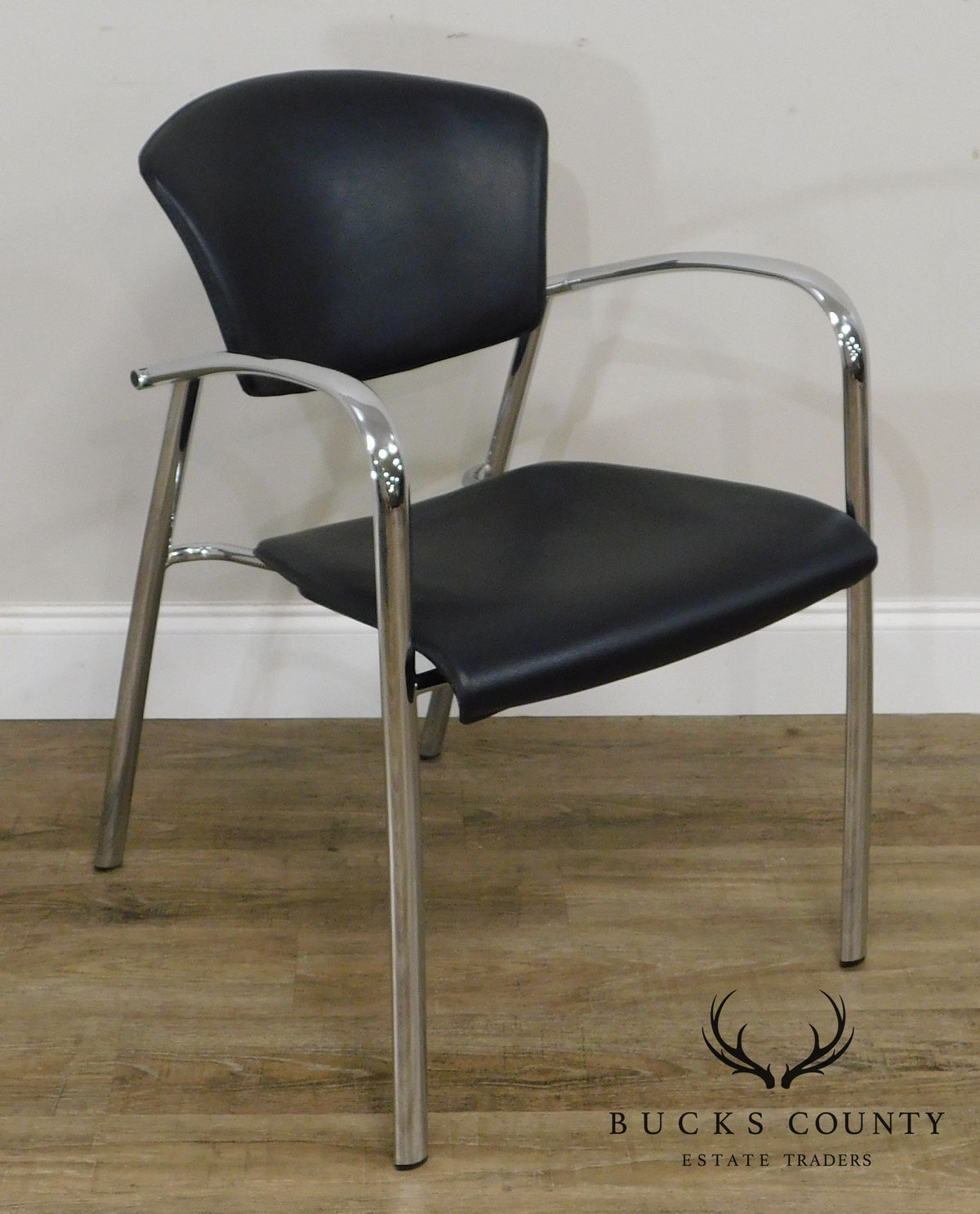 Brayton International Collection Steelcase Pair Chrome & Black Leatherette Armchairs