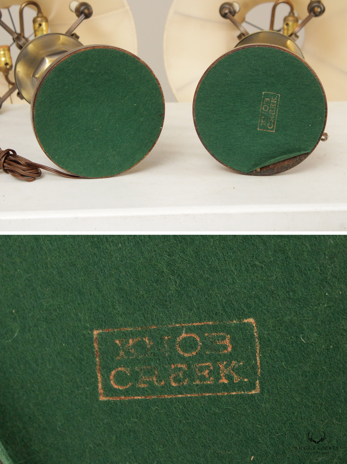 KNOB CREEK PAIR OF BRASS AND TURNED WOOD VINTAGE TABLE LAMPS