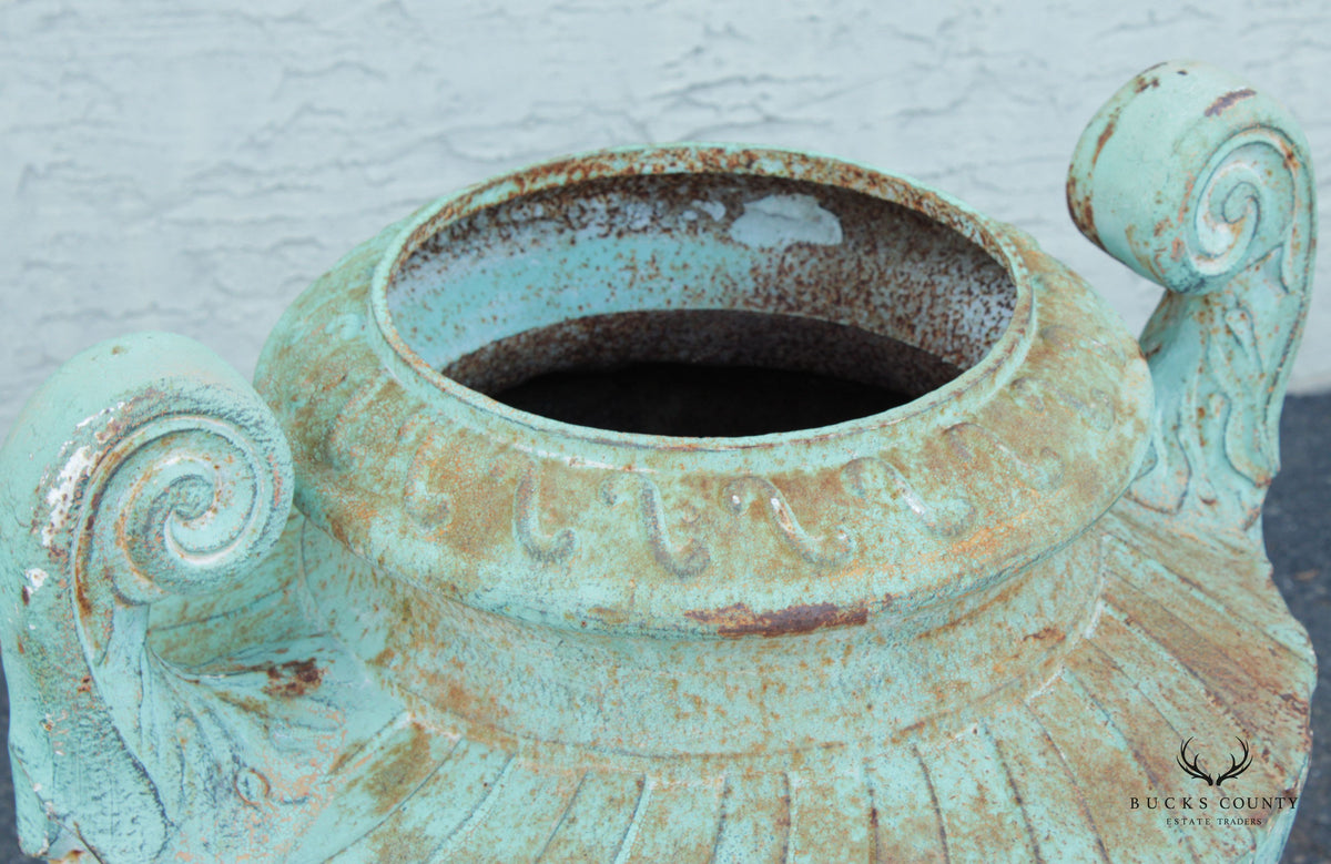 Neoclassical Style Large Pair Verdigris Cast Iron Urn Garden Planters