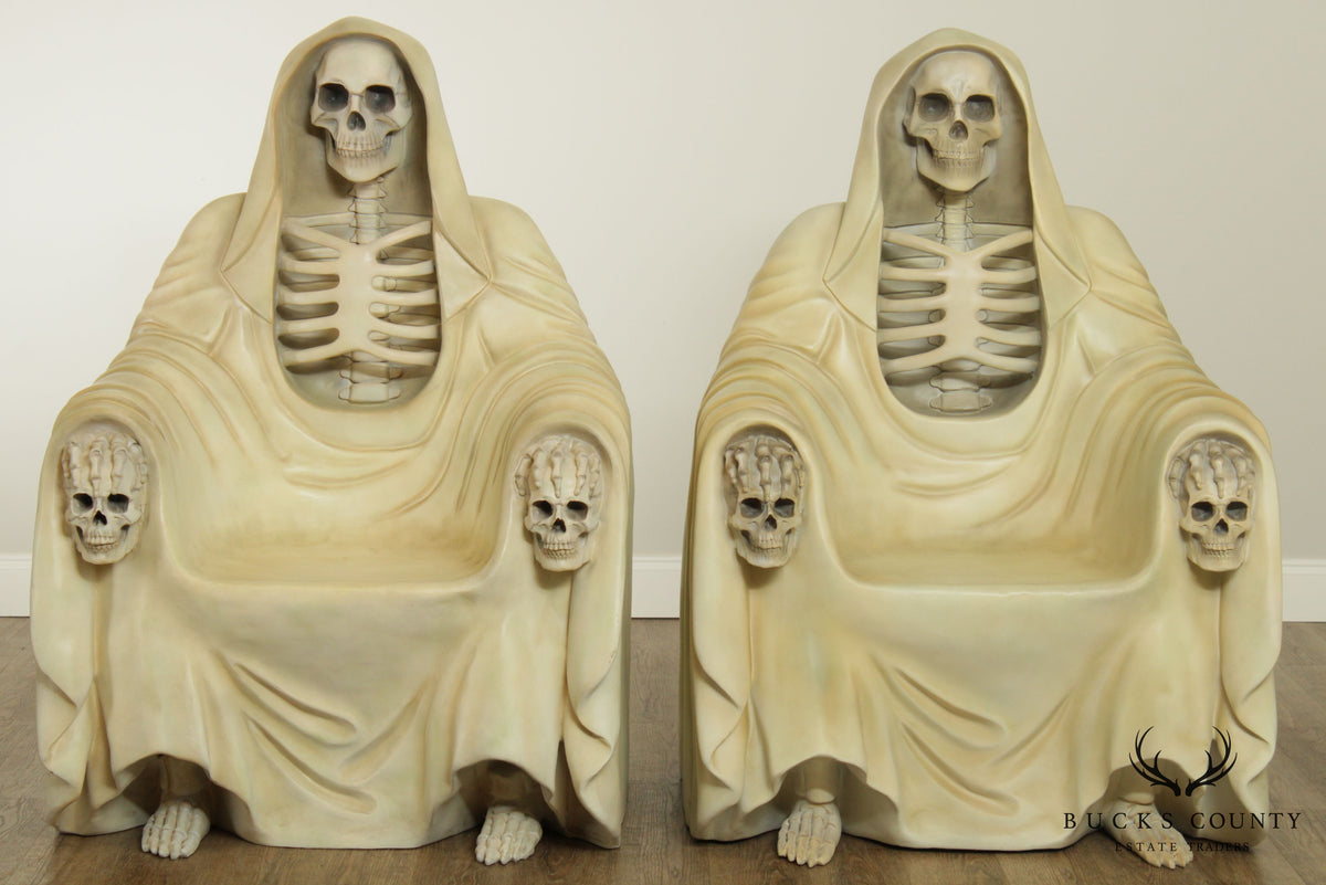 Grim Reaper Seated Skeleton Pair Gothic Throne Chairs