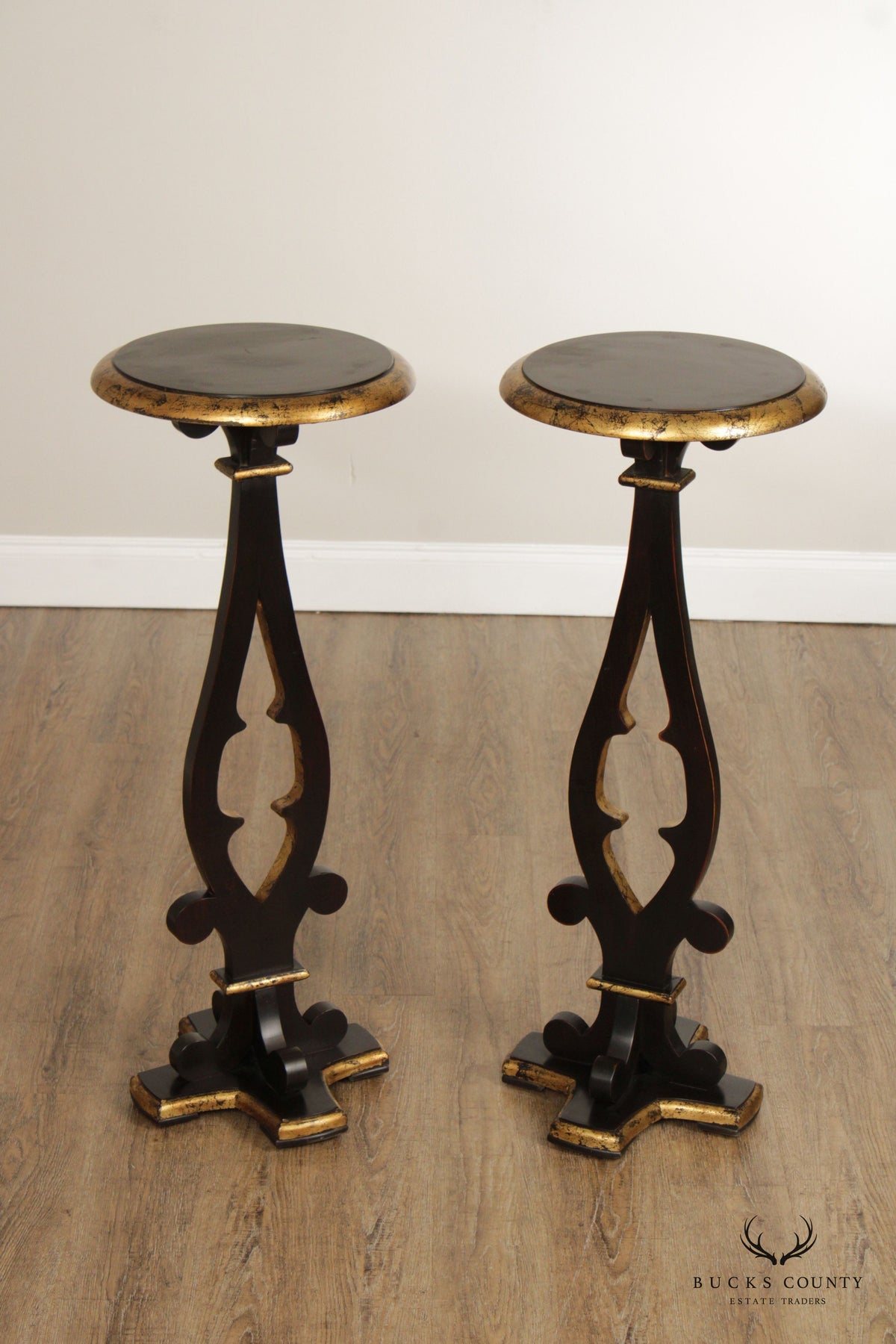 Vintage Ebonized and Partial Gilt Pair of Pedestal Plant Stands