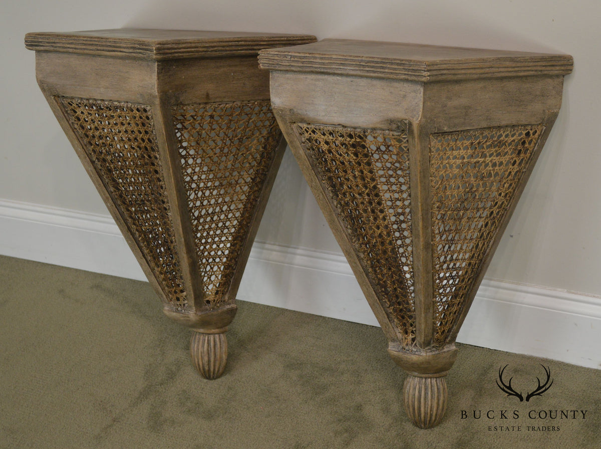 French Style Pair Painted Caned Wall Shelves