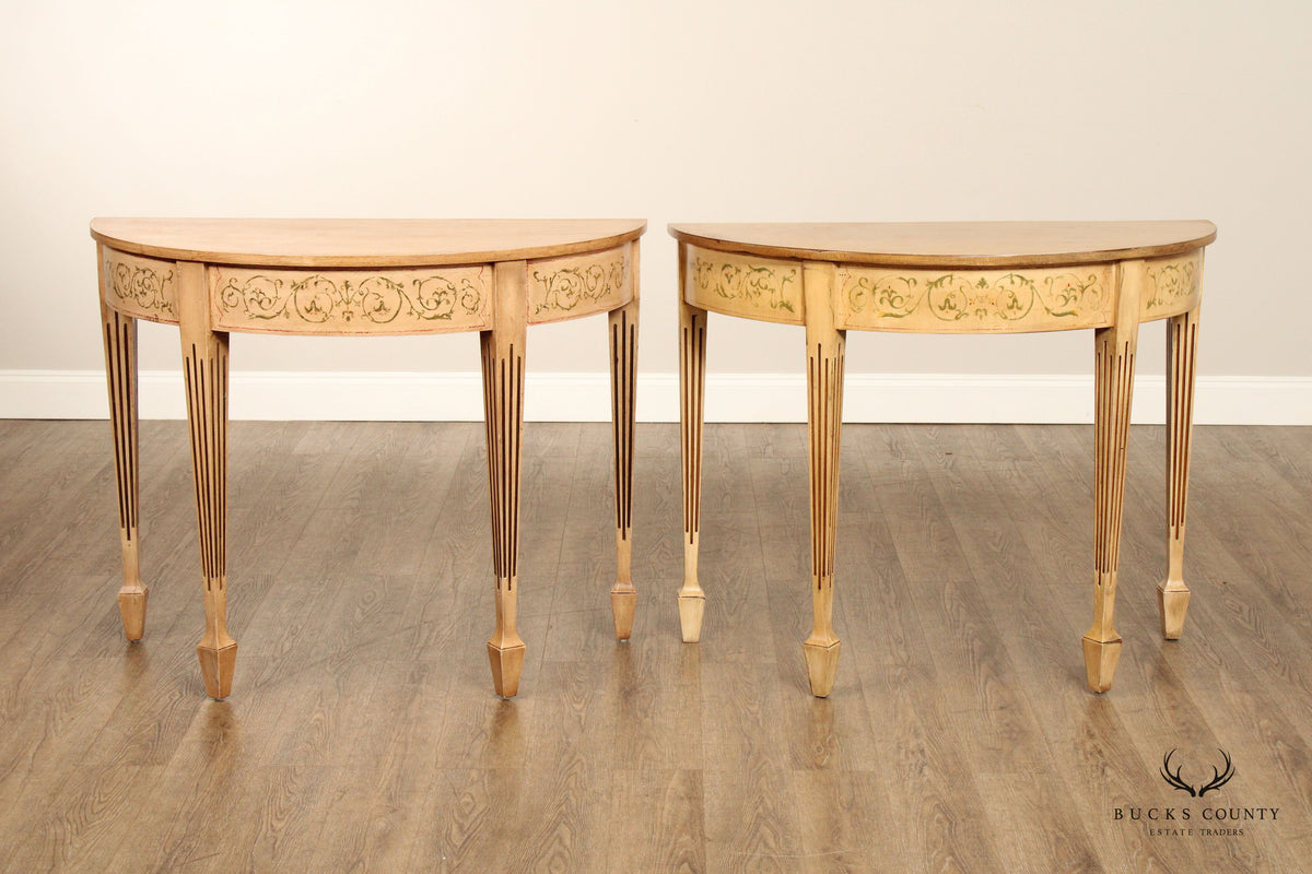 Adam Style Pair of Paint Decorated Demilune Console Tables