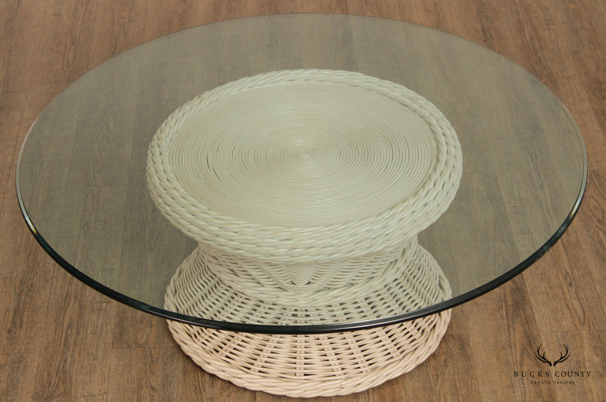 Vintage Round Wicker Rattan Glass Top Coffee Table
