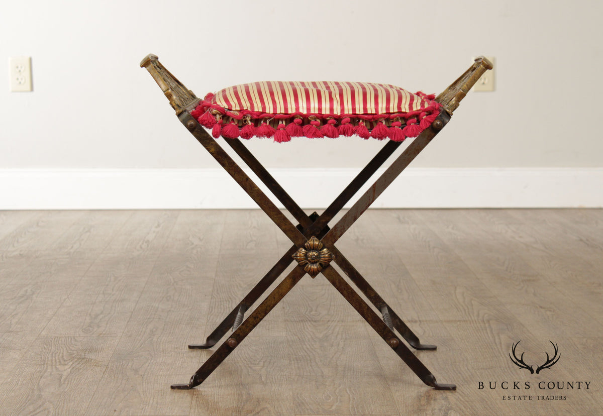 Art Deco Period Vintage Wrought Iron And Brass X Base Bench