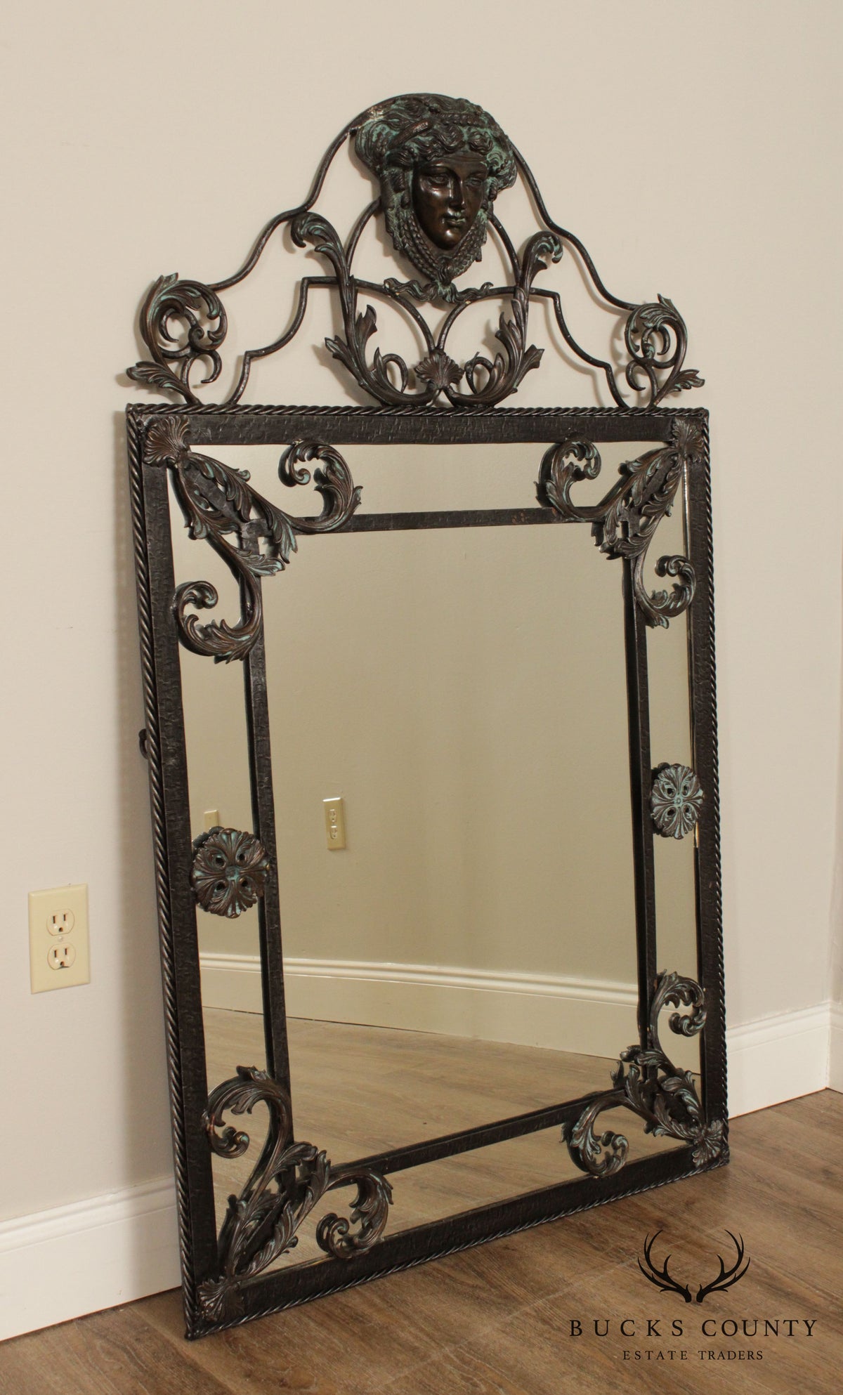 Maitland Smith Louis XIV Style Wrought Iron and Bronze Marble Top Console with Mirror