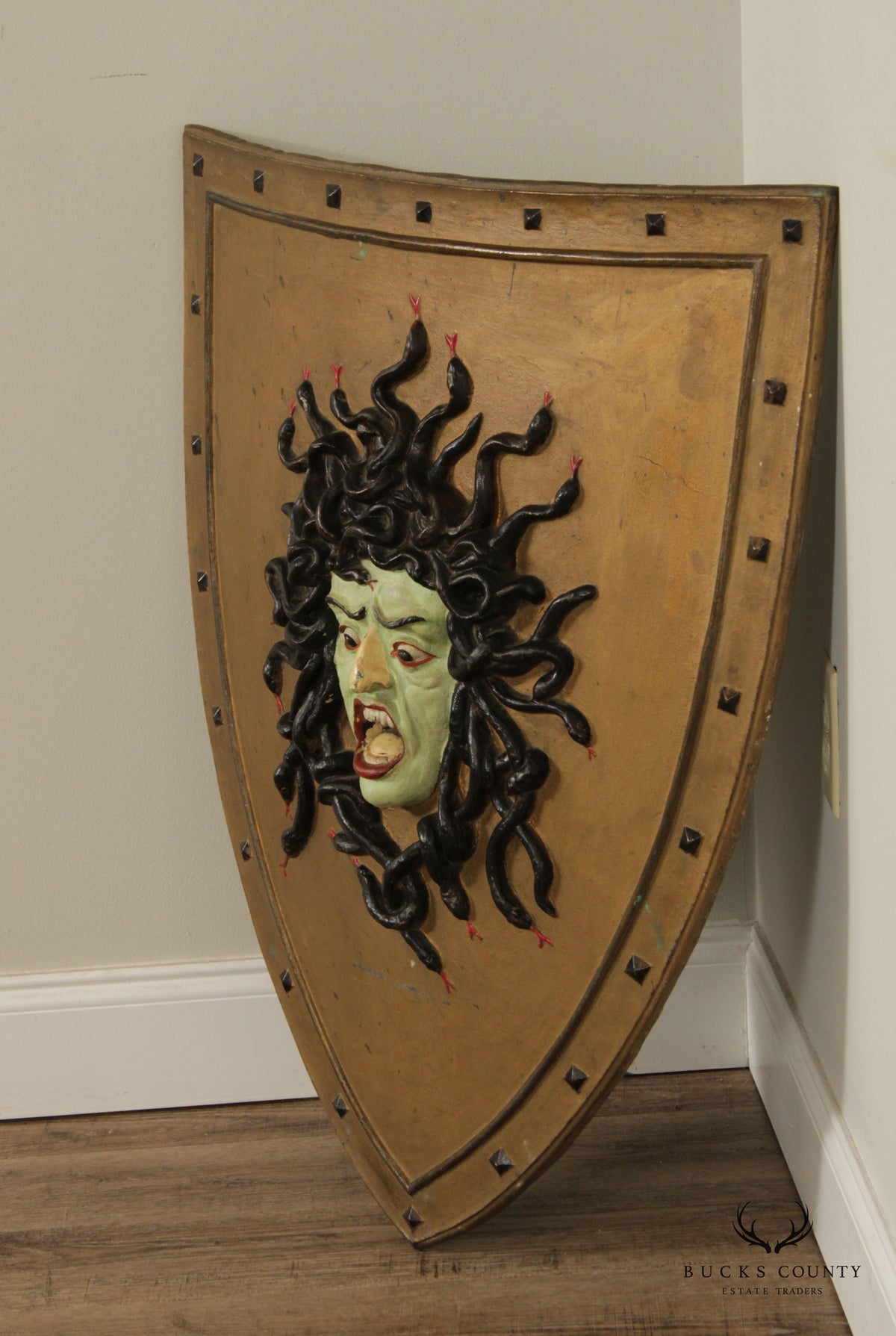 Antique Hand Painted Cast Iron Medusa Shield