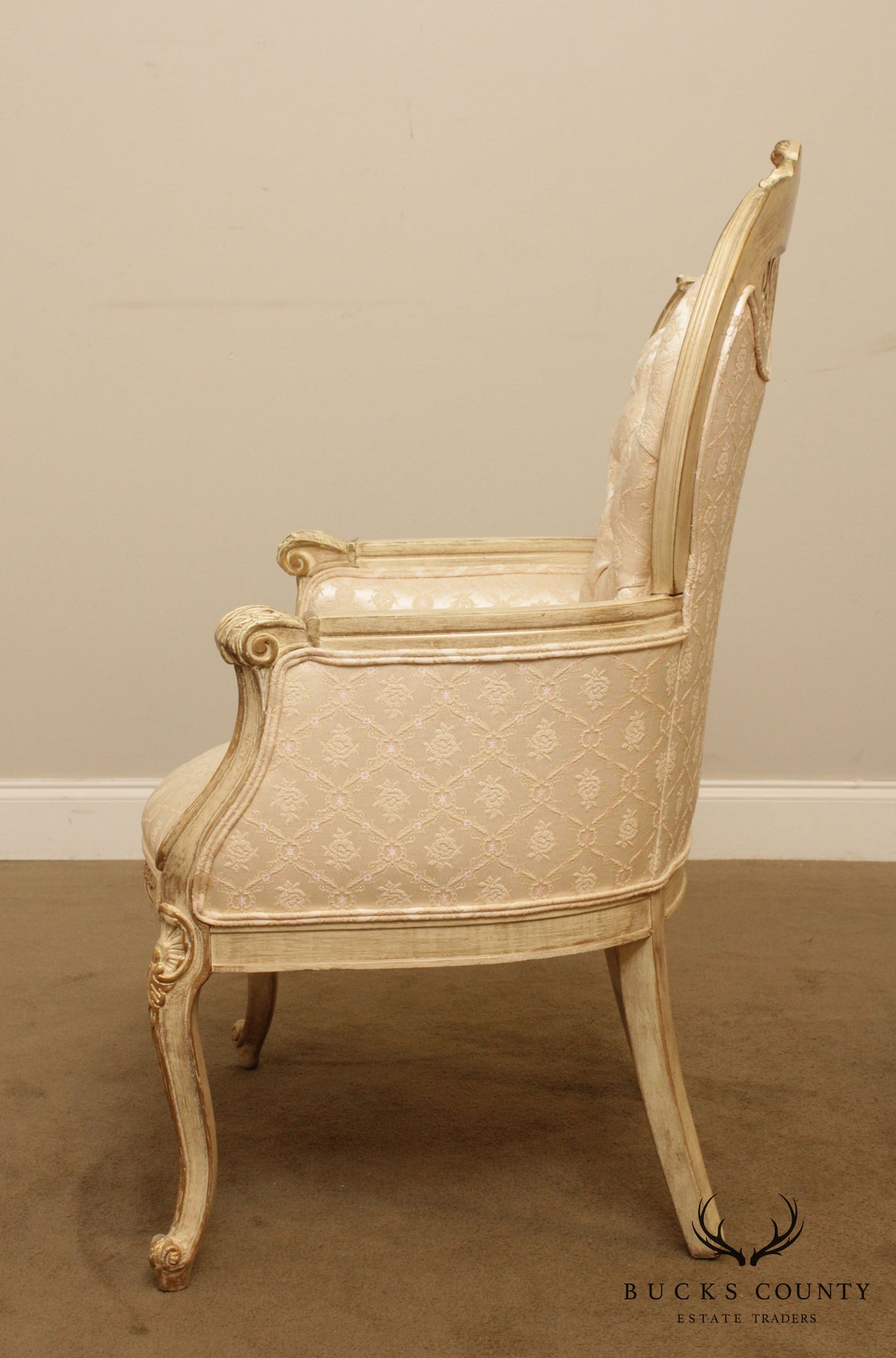 French Louis XV Style Vintage Pair Cream Painted Tufted Fire Side Chairs