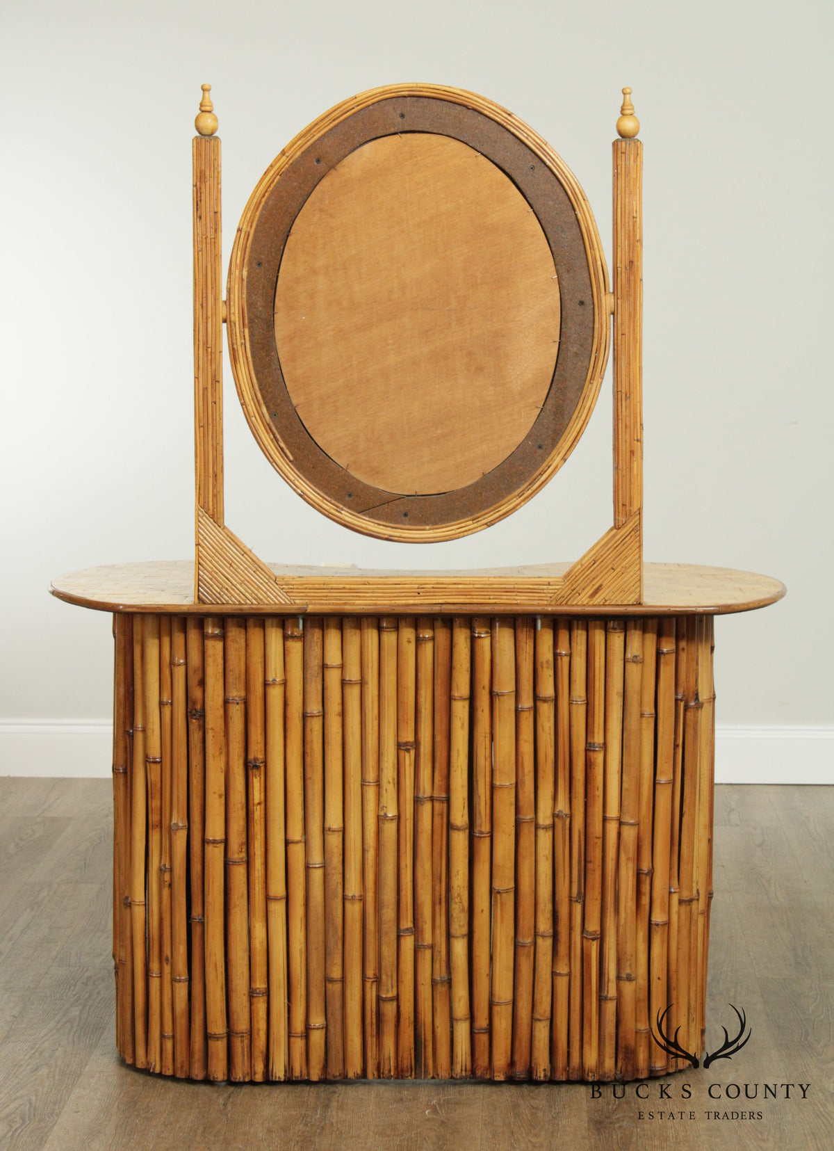 Vintage Bamboo Kidney Shape Vanity with Mirror, Stool