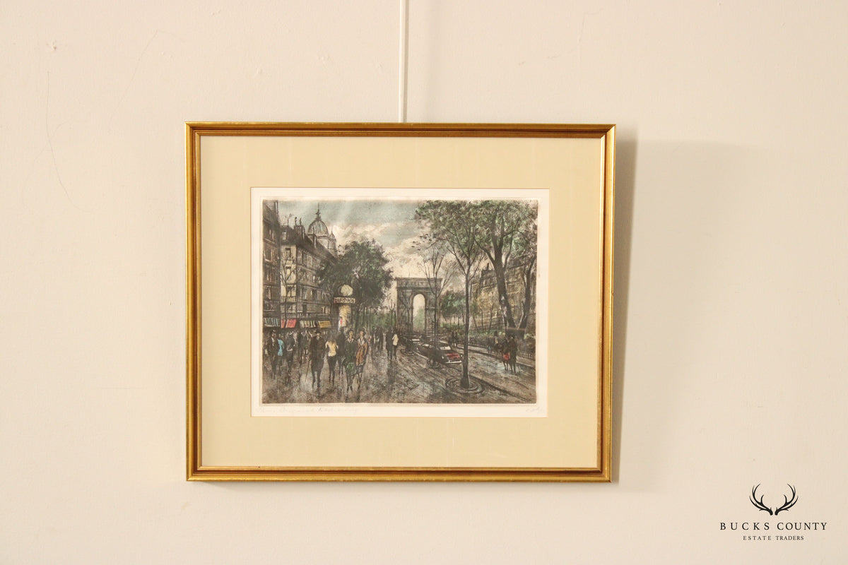 Vintage 20th C. 'Paris' Street Scene Colored Etching, Custom Framed