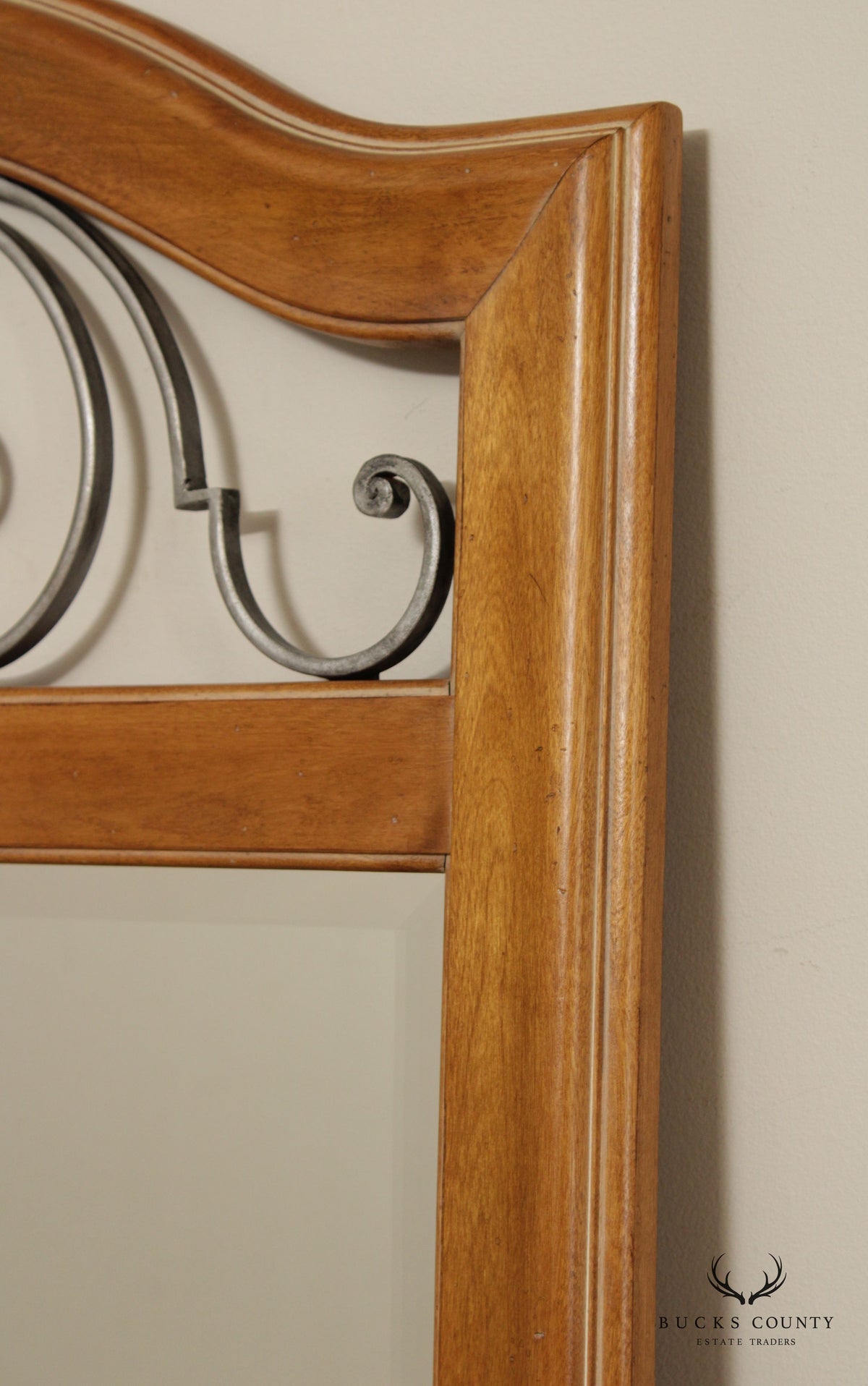 Ethan Allen Country French Maple and Iron Scroll Work Beveled Wall Mirror