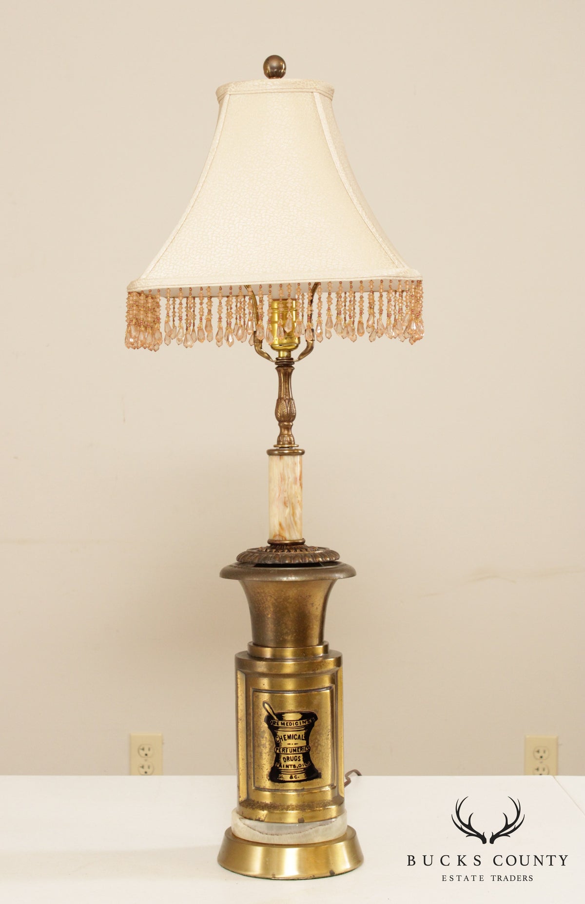 Vintage Unique Lamp with 'Ure Medicines' Brass Canister Base and Onyx