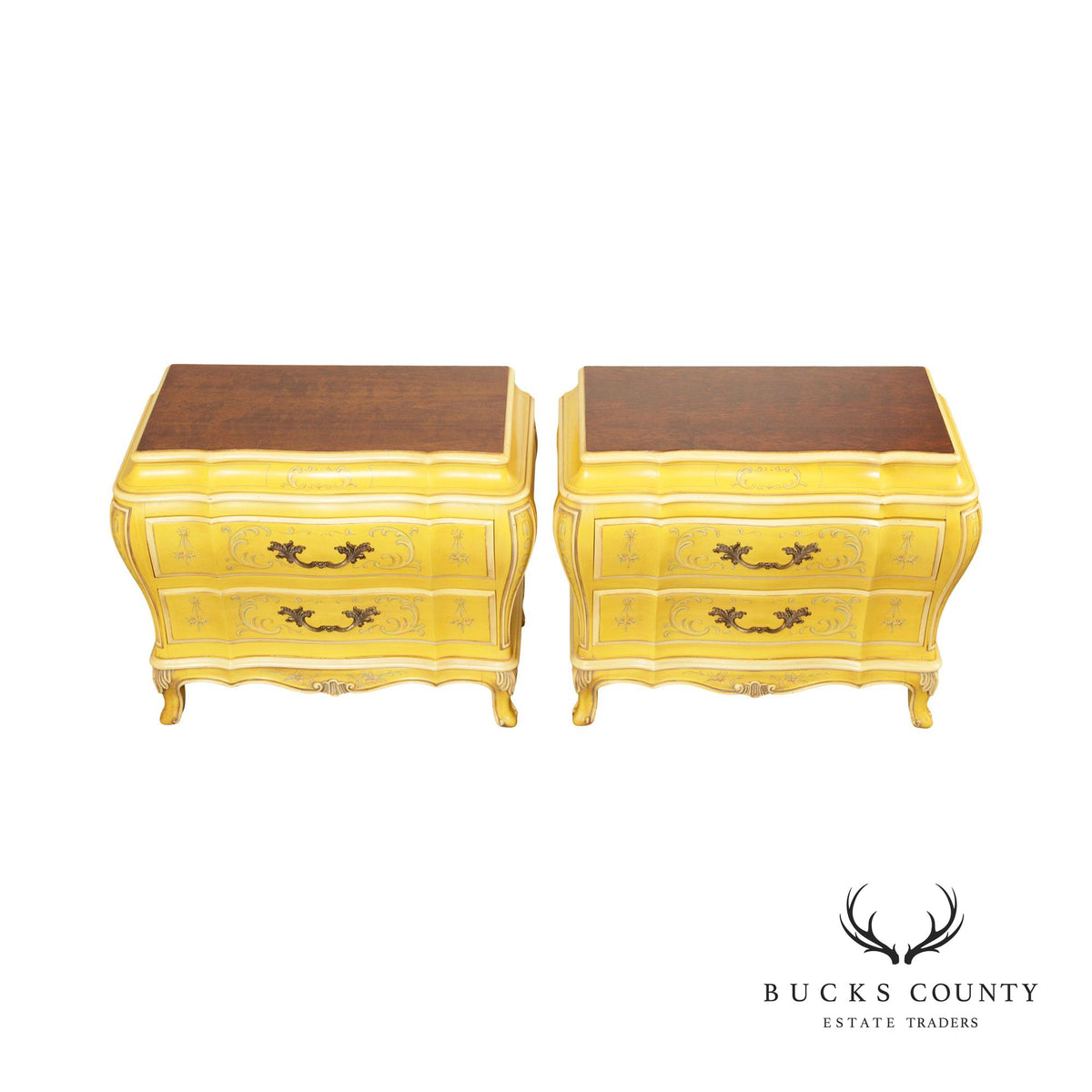 Karges Louis XV Style Pair of Florentine Painted Bombe Chest Nightstands