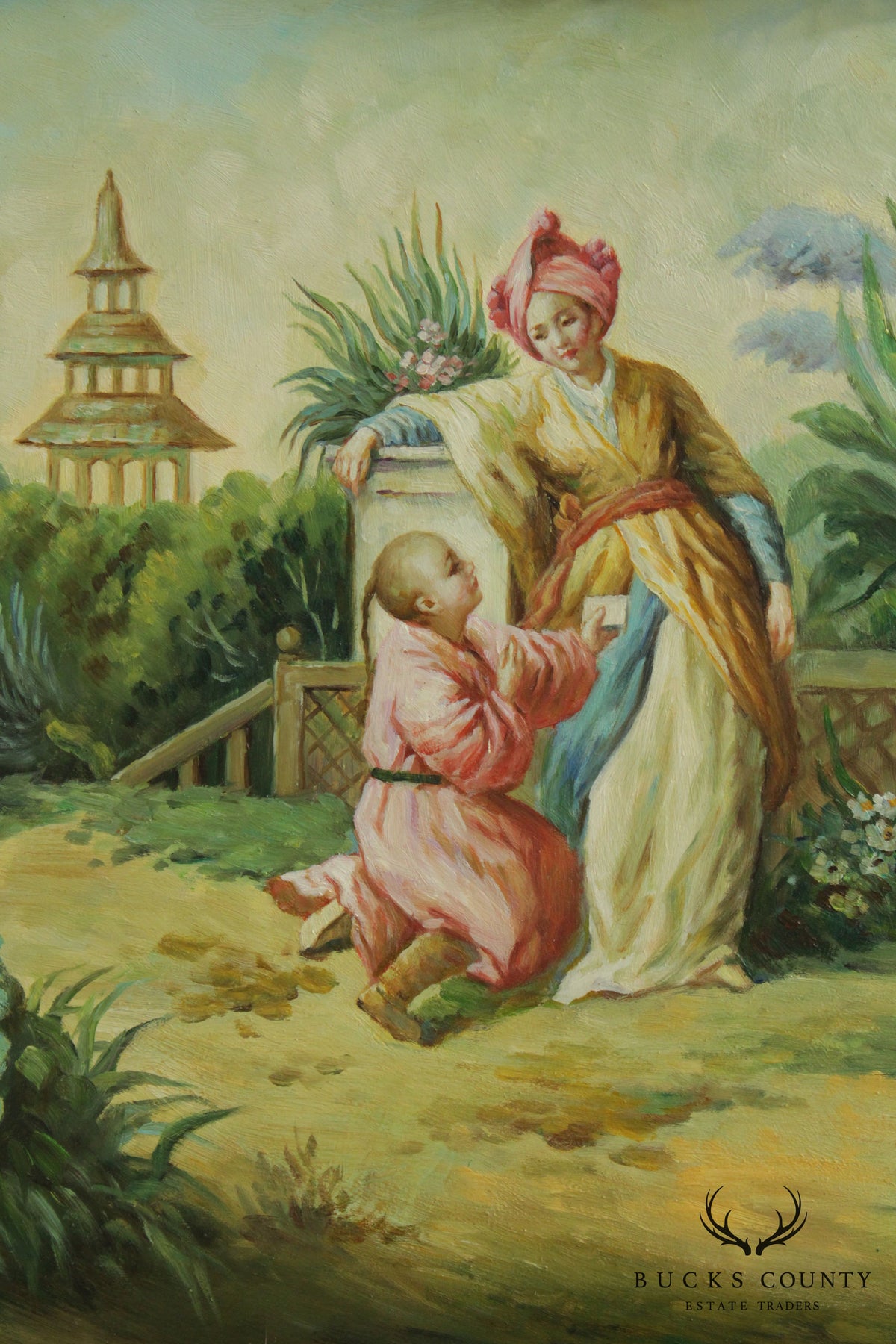 Asian Garden Landscape Original Oil Painting in Custom Gilt Frame