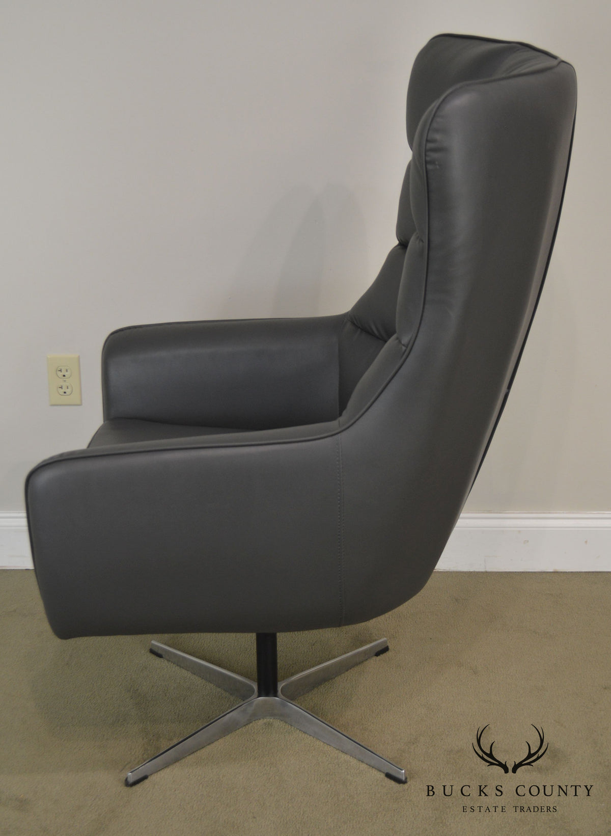 Mid Century Modern Style Grey Faux Leather Swivel Chrome Base Chair