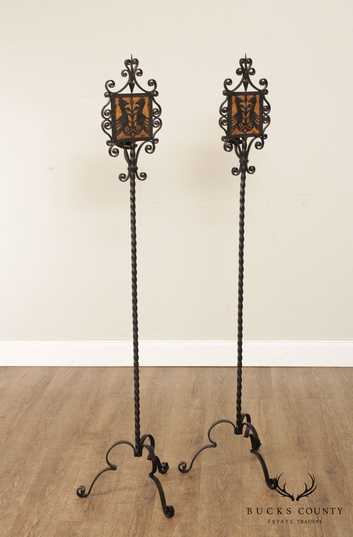 Arts & Crafts Pair Wrought Iron Candle Torchiere