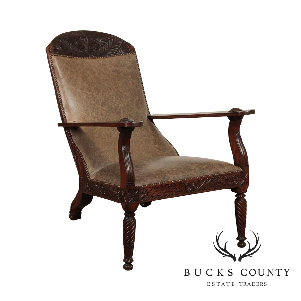 Antique 19th Century Anglo-Indian Carved Rosewood & Leather Armchair
